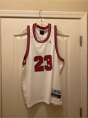 Jordan White Basketball Jersey Patch with Black & Red Accents